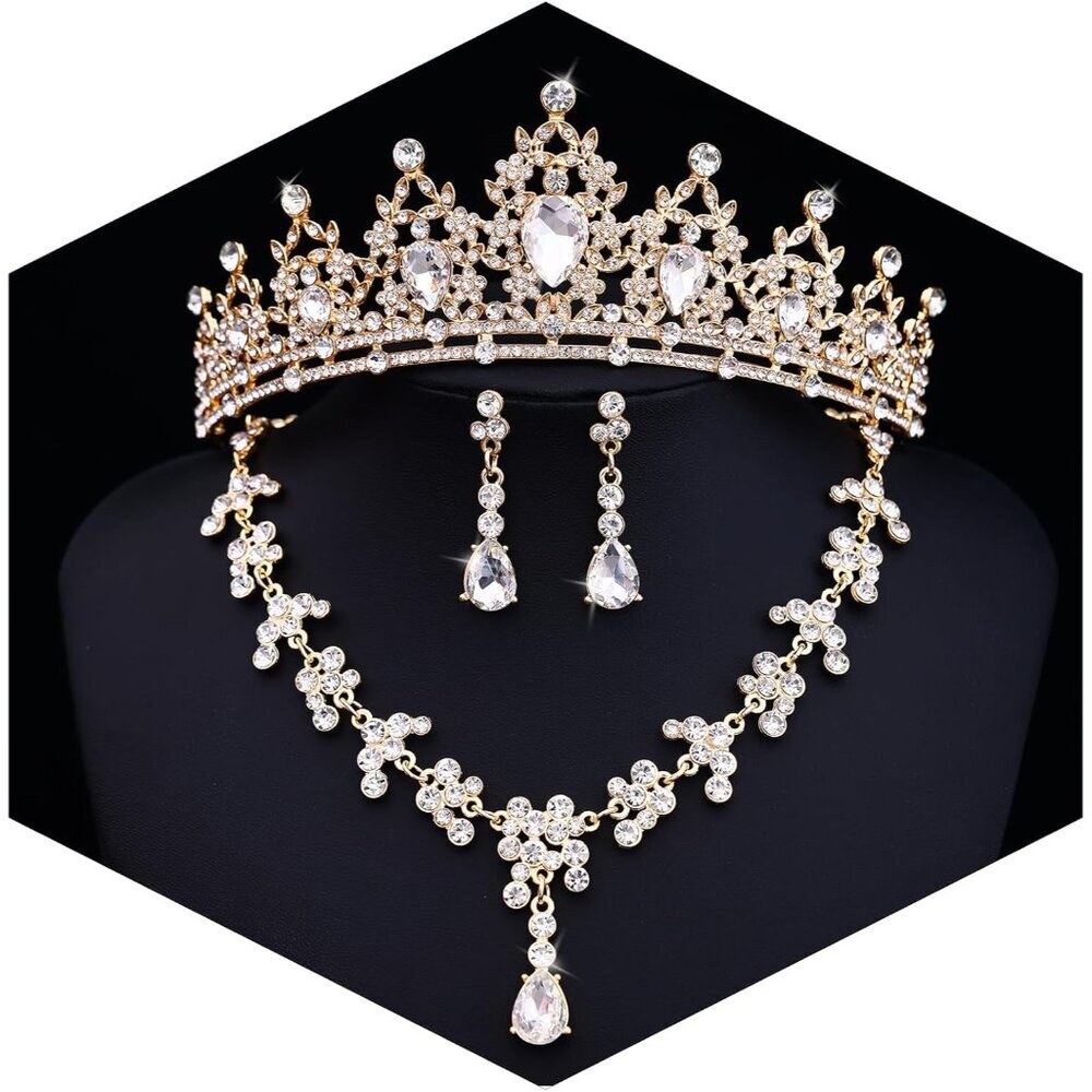 Gold Rhinestone Crown Jewelry Set for Women - Wedding, Bridal, Prom, Party